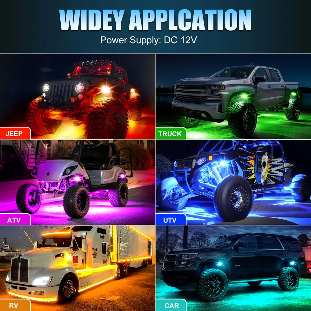 E-Underglow Rock Lights 4/6/8/10 RGB Led Multi Color App Remote Control  Music Mode  Well For Pickup ATV RZR UTV Chassis Light