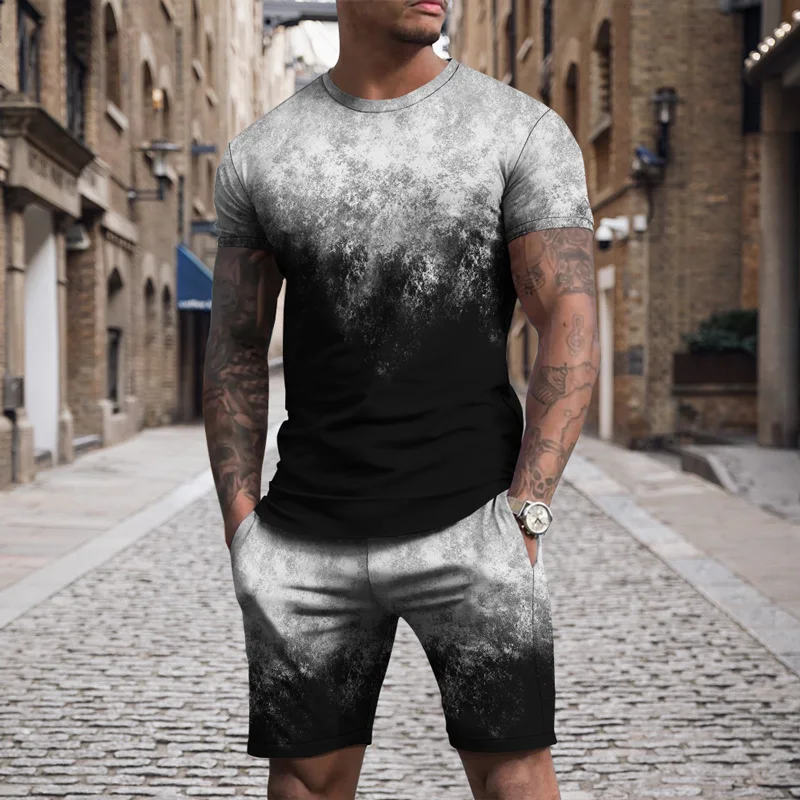 Städtischen Sommer Herren Sets 2023 Zwei Stück Sets Casual Kurzarm T-shirts Kurze Outfits Mann Streetwear Bunte Splash Tinte Gedruckt