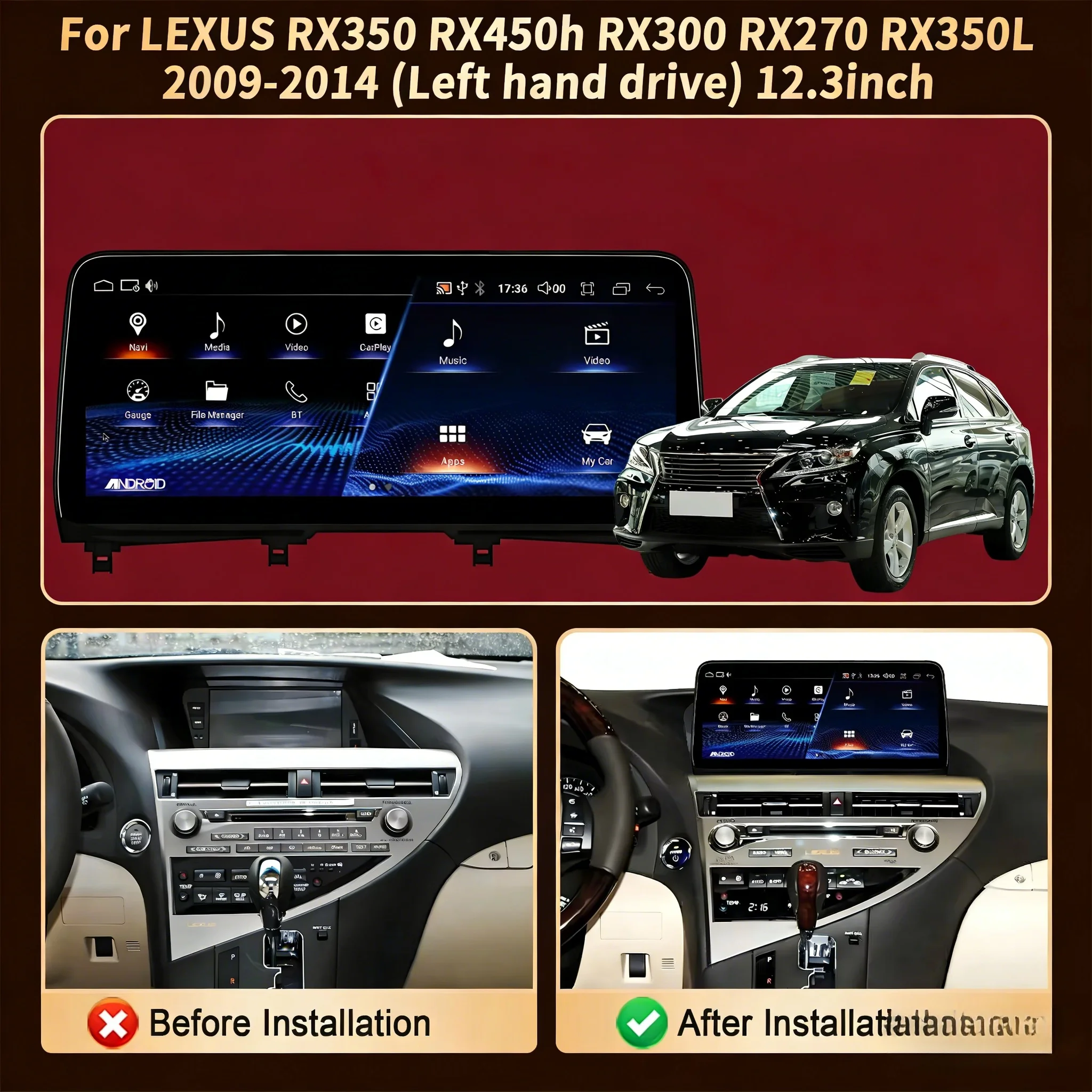 LHD For LEXUS RX350 RX450h RX300 RX270 RX350L 2009-2014 12.3inch Car Radio Wireless CarPlay Multimedia Snapdragon 685 Screen