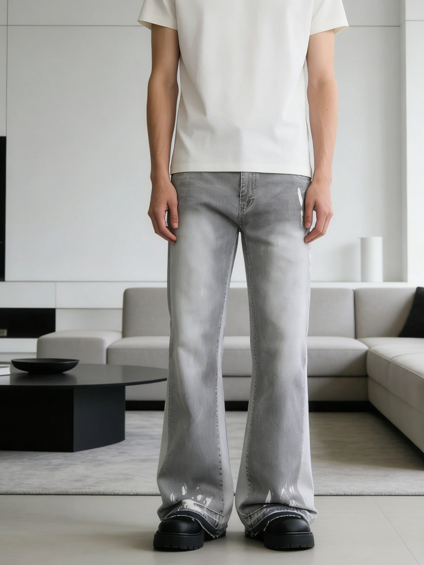 American-style high street gradient gray splatter ink slightly flared jeans for men, vintage washed, loose, trendy long pants