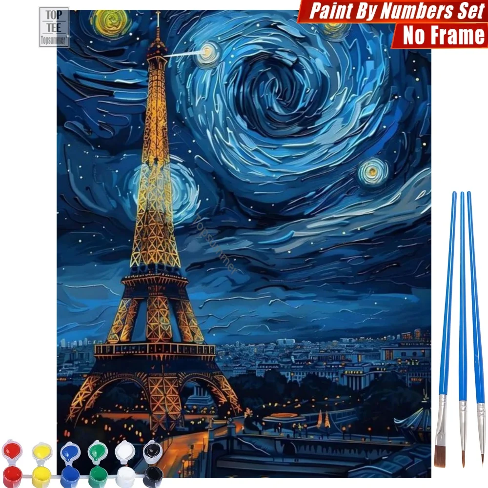 

Starry Romantic Eiffel DIY Paints By Numbers Kit - Swirling Night Patterns Canvas Wall Art Teacher'S Day Gift For Teacher