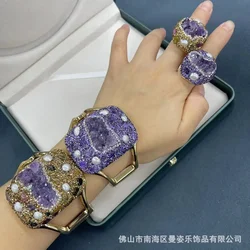New natural amethyst inlaid pearl bracelet ring, original design jewelry natural stone personality