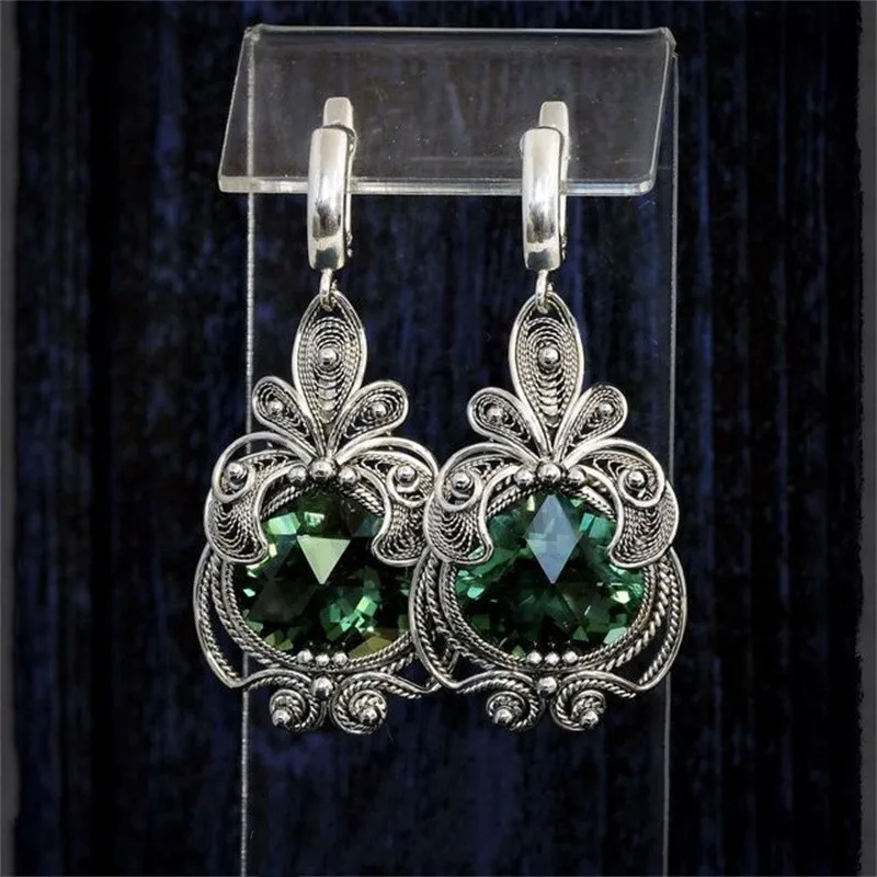 Vintage-Ohrringe mit grünen CZ-Steinen, spiralförmig, für Damen, ethnische Silberfarbe, handgeschnitzt, Partyschmuck, Jubiläumsgeschenk