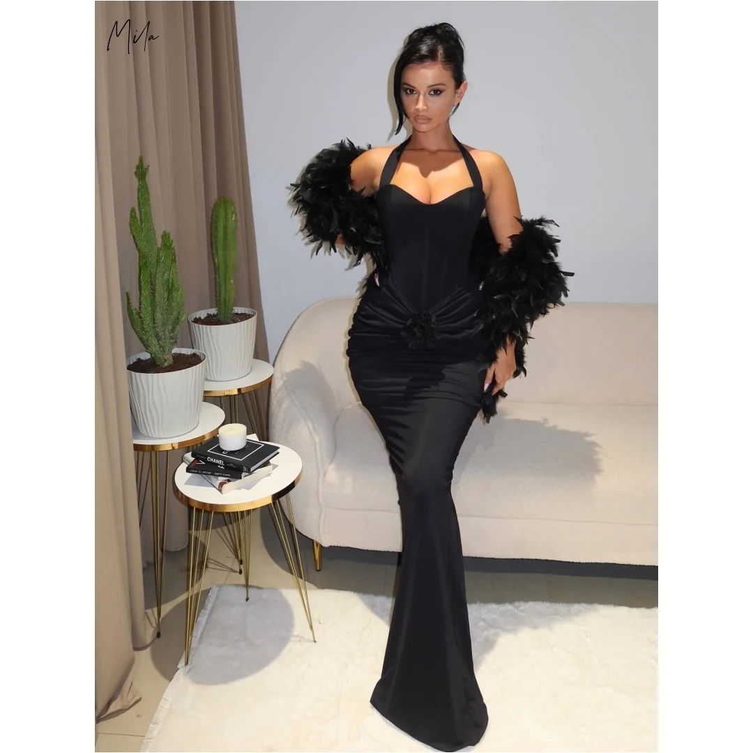 

Mila Black Pleats Prom Dresses Halter Neck Feathers Shawl Two-Piece Set Customized Formal Evening Floor-Length vestidos de gala
