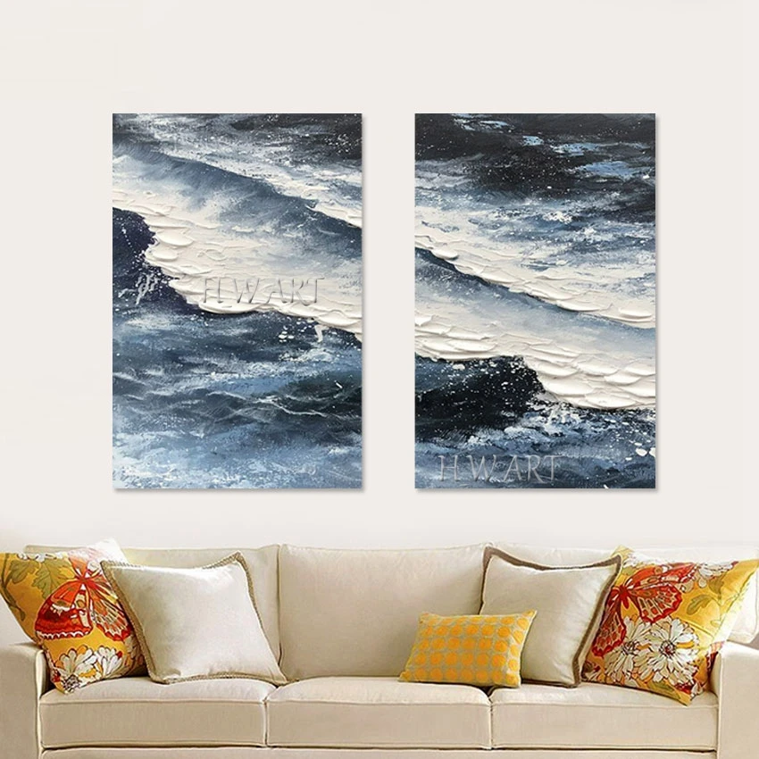 

Palette Canvas Art Picture 2PCS Sea Wave Oil Painting High Quality Abstract Blue White Acrylic Texture Unframed Wall Poster