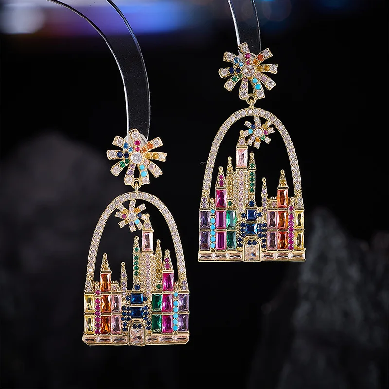 European Heavy Colorful Gem Castle Earrings Sparkling Zircon Silver Post Fairy Tale Design for Women