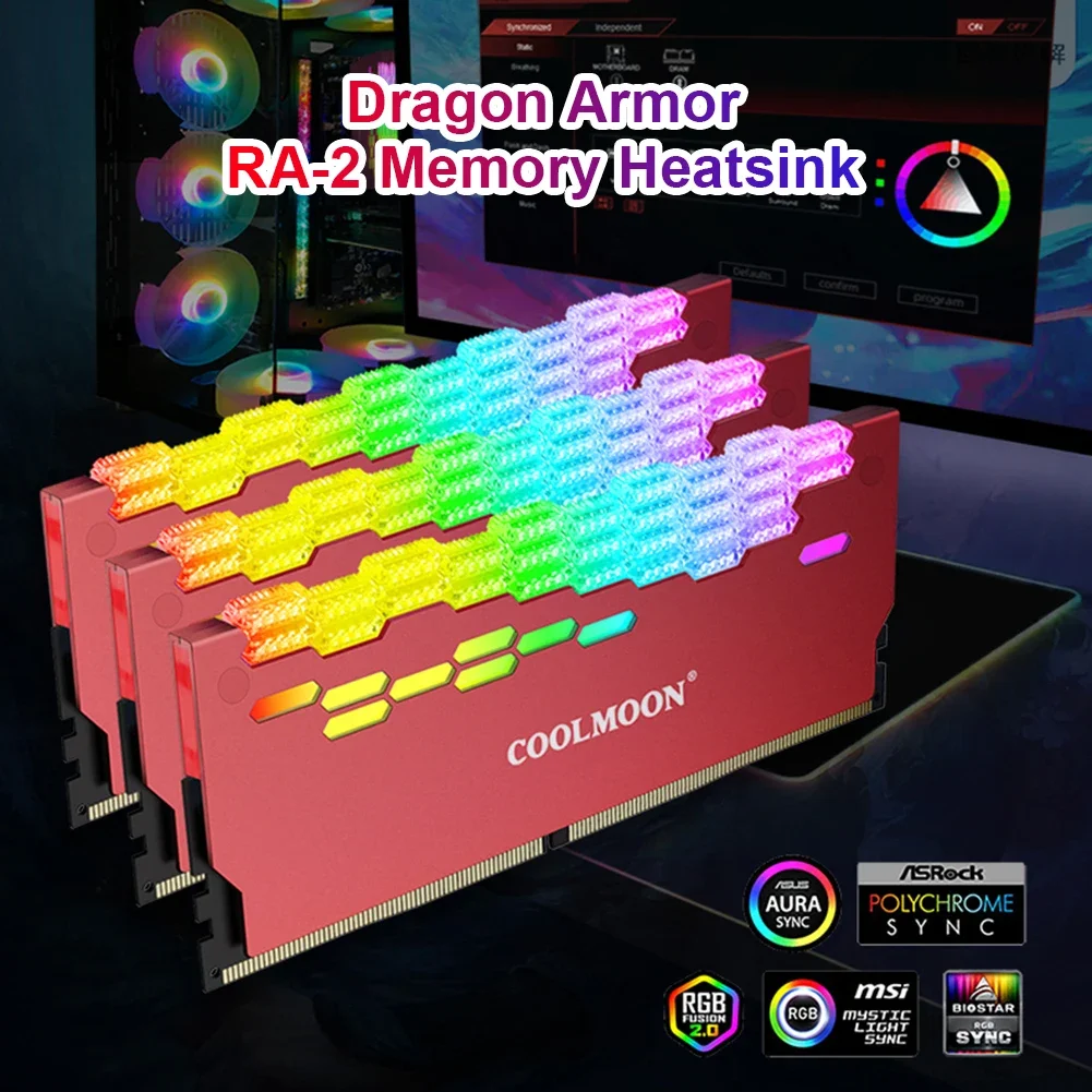 COOLMOON RA-2 RAM Memory Bank Heat Sink Cooler 5V 3Pin ARGB Colorful Flashing Heat Spreader For PC Desktop Computer Accessories
