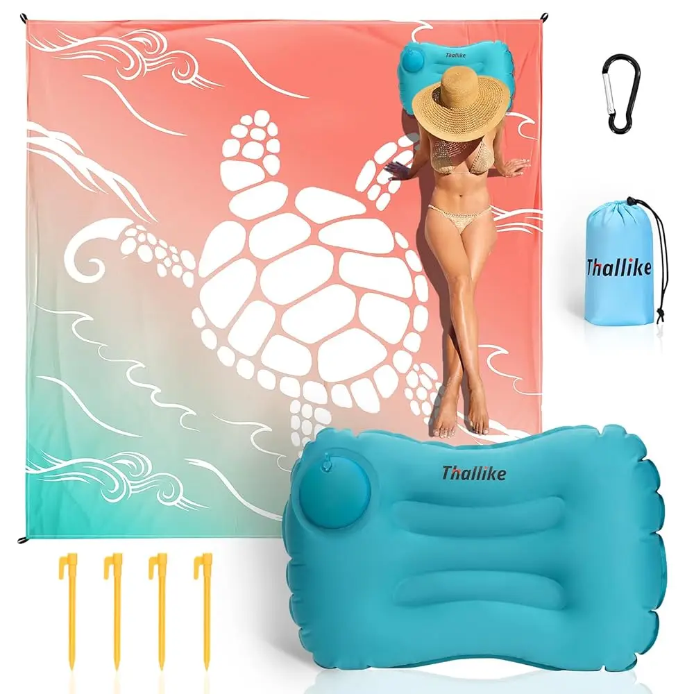 

Пляжный коврик, водонепроницаемый, непромокаемый, с колышками и надувной подушкой для кемпинга, 79 x 83 дюйма, быстросохнущий, легкий