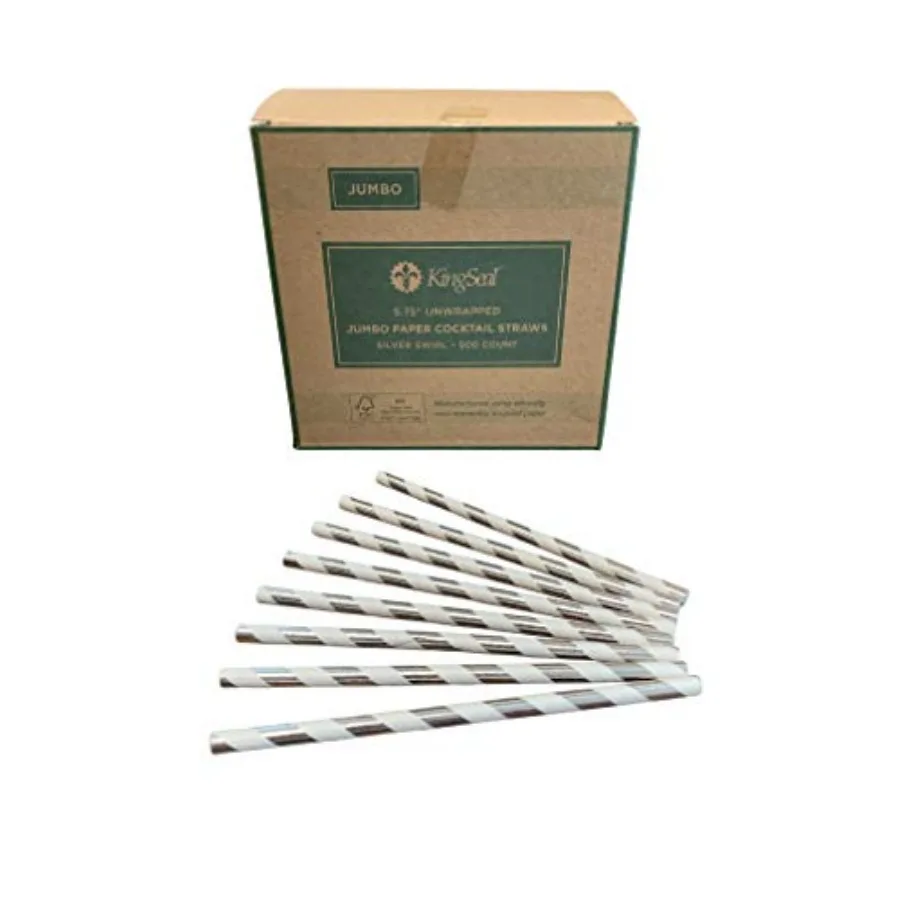 500 Count FSC Certified Paper Cocktail Straws, Unwrapped, 6mm x 5.75 Inches, Silver Stripe, Biodegradable, Earth Friendly, Bulk