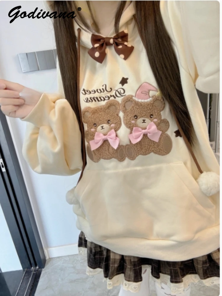 Original Autumn and Winter Women's Sweet Fleece Sweatshirt Cute Hooded Cartoon Bear Girls Loose Hoodie Coats