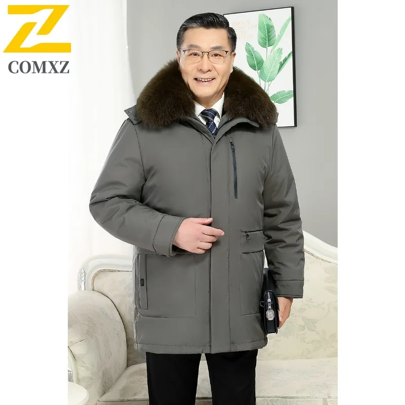 COMXZ Premium Men Down Jacket Fur Collar Hooded Commute Office Thickened Warm Parka Solid Color Travel Windproof Winter Coat