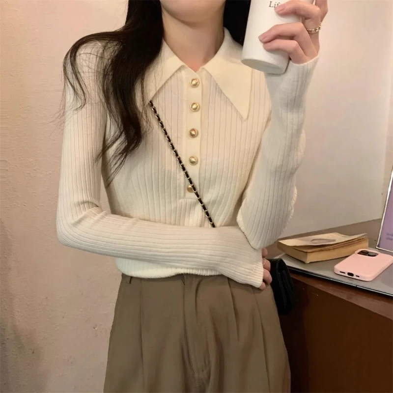 New POLO Collar Button Design Knitted Base Sweater Women's Fashionable Slim Fit Sweater Inner Top