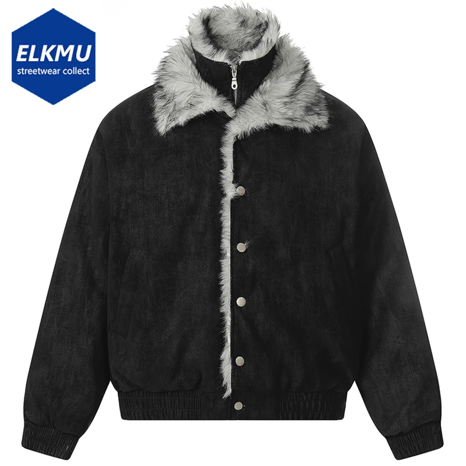 

Men Winter Jackets Fur Thicken Warm Parkas Vintage Loose Stand Collar Padded Jackets Streetwear Harajuku Hip Hop Jackets Outwear