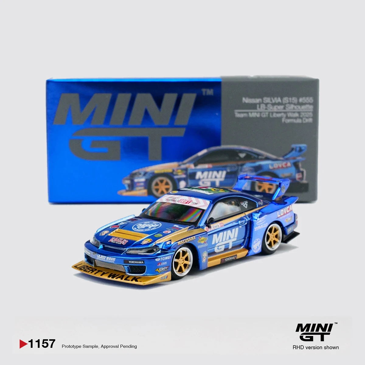 En Stock MiniGT 1157 1:64 Nissan Silvia S14 LBWK Super Silhouette Azul Metálico Dorado Coche de Derrape RHD Modelo de Coche Fundido a Presión