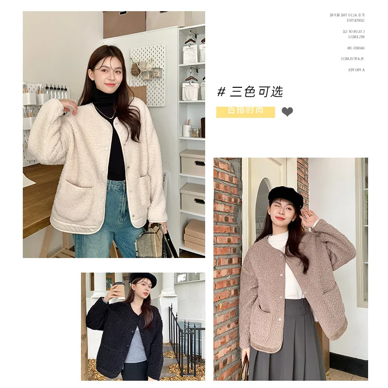 Autumn and Winter O-neck Lamb Wool Cotton Coat for Women Jackets Single-breasted Feeling Teddy Thick Woolen Cardigan Top Jacket