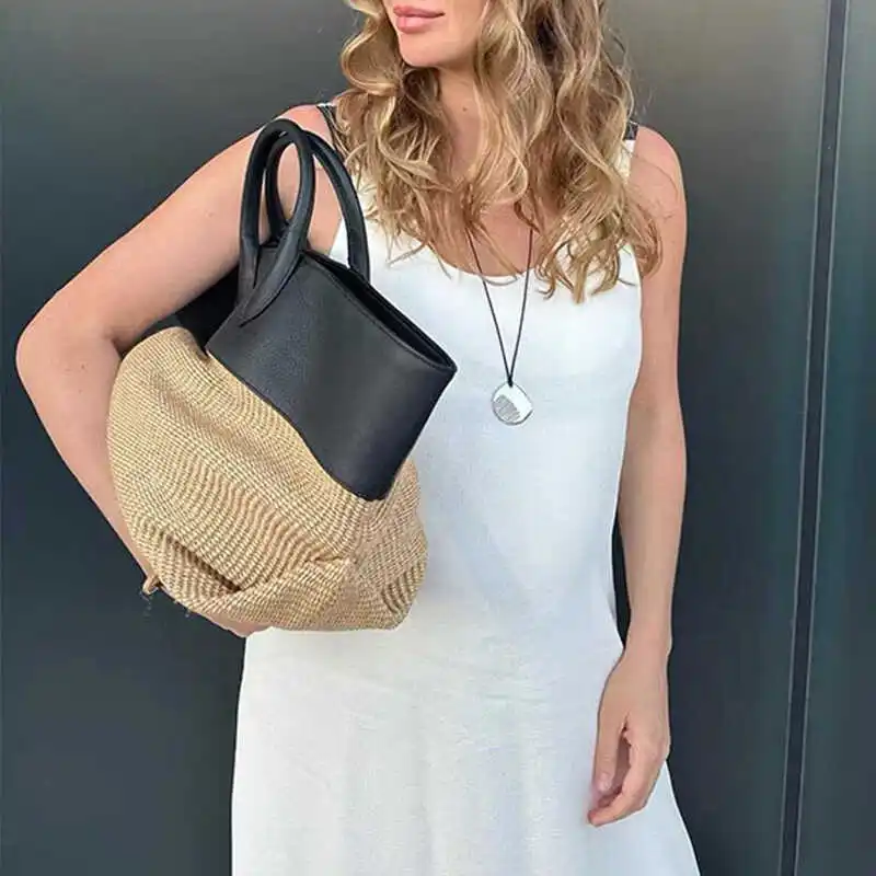 NEW Summer Straw Shoulder Women Large Capacity Rattan Handle Splicing Color Beach Bag Travel Vacation Woven Totes Bag Bolsa