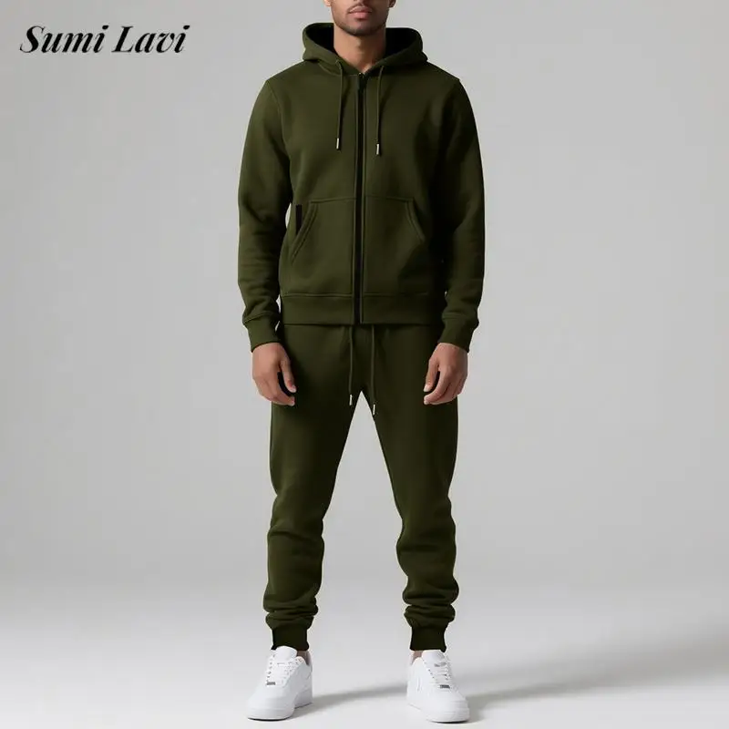 

Повседневная мужская одежда из двух предметов, осенне-осенняя модная толстовка с капюшоном на молнии и брюки, флисовые комплекты, винтажные однотонные мужские тонкие костюмы
