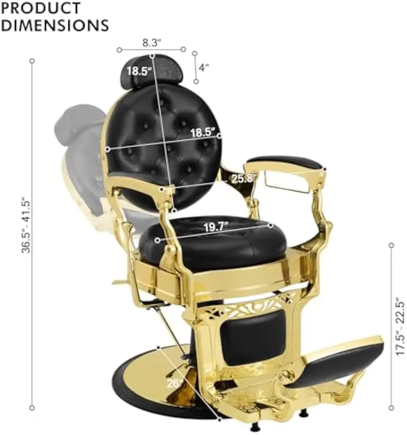 Professional Reclining Hydraulic Barber Chair, Vintage Salon Styling Seat, 360 Swivel Heavy Duty Round Base, Ergonomic Barbershop Grooming Furniture, Retro Gold Modern Setup