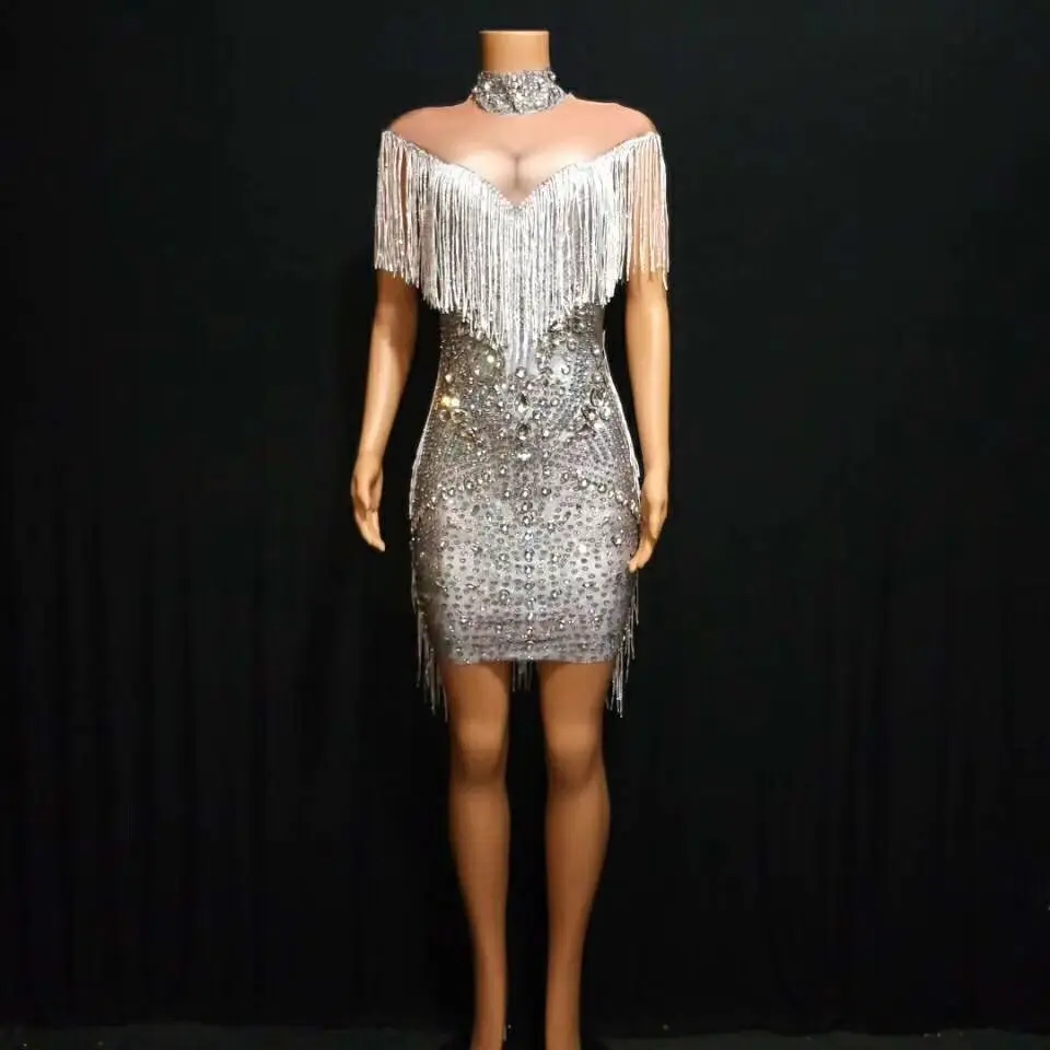 

Fringes Short Dresses Silver Rhinestones Stretch Singer DJ Stage Wear Evening Clothing Bodycon Vestido Women Birthday Celebrate