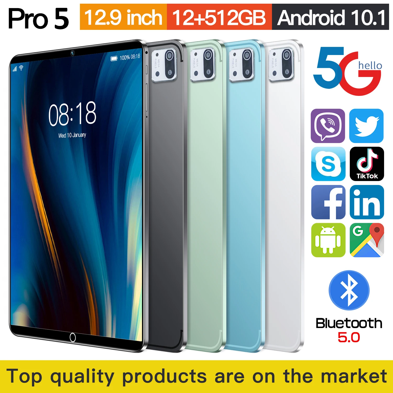 

Tablet PRO 5 Android 10.1 12.9inch HD Screen Deca-Core 12GB RAM 512GB ROM 8800mAh Bluetooth GPS 8MP + 13MP Dual SIM Dual Holding