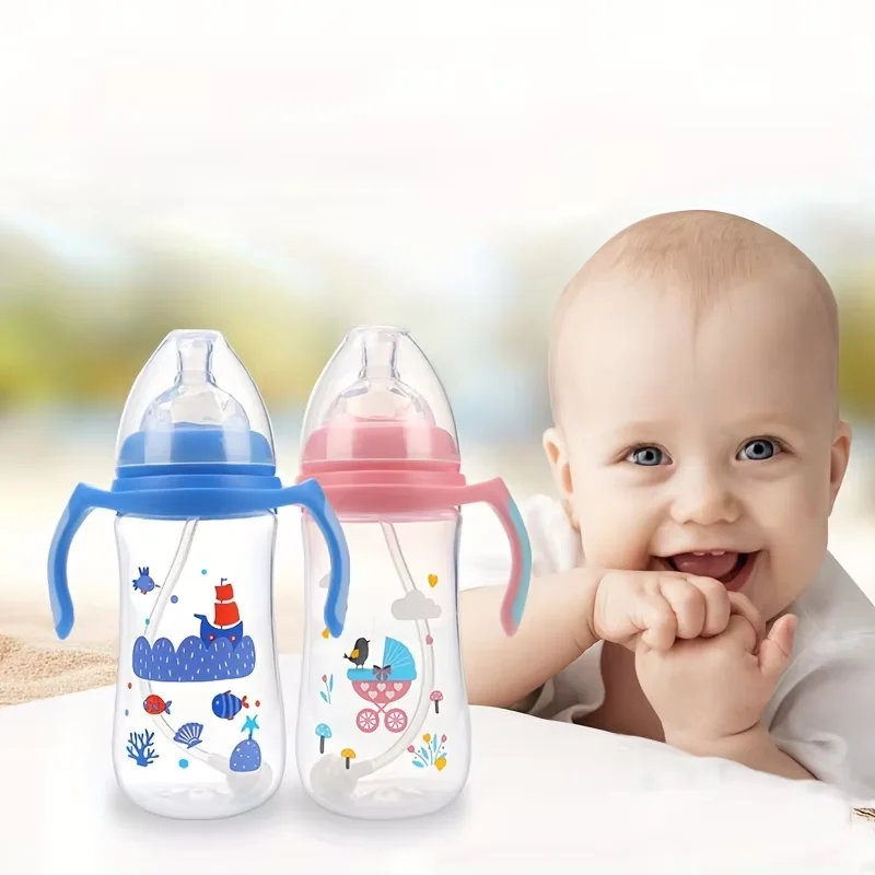 2pcs/1pc 300ML Baby Bottle with Handle, Formula Feeding Straw Bottle, Easy to Grip Design, Suitable for Baby'S Little Hands