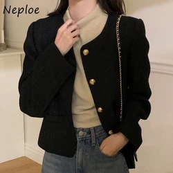 Neploe Chic autunno elegante piccolo stile di fragranza giacche Femme girocollo bottone in metallo sciolto Versatile manica lunga cappotto di Tweed