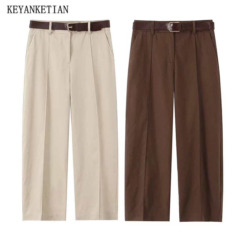

KEYANKETIAN 2026 Новые летние женские брюки-шаровары с поясом и молнией, с низкой талией, в повседневном стиле, однотонные, свободные, длиной до щиколотки
