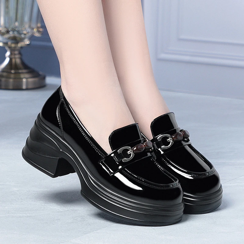 

Black Patent Leather PlatformChunky Heel Metal Buckle Decor Thick Sole Wear Resistant Elegant Dress Shoes For Work And Daily