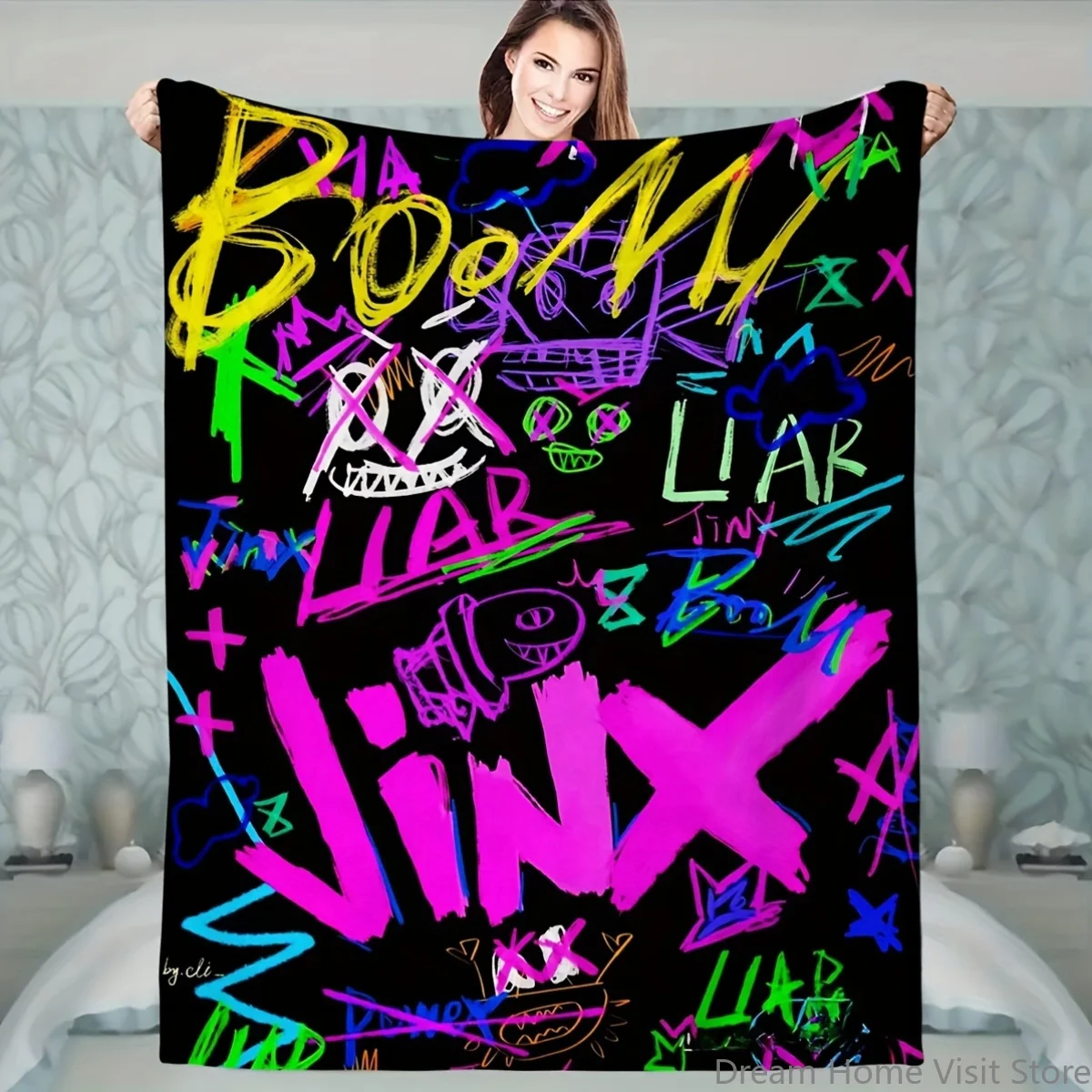 

1PC Contemporary Graffiti Style Flannel Throw Blanket, Jinx & Boom Character Print, Multipurpose for Couch, Bed,Travel & Camping
