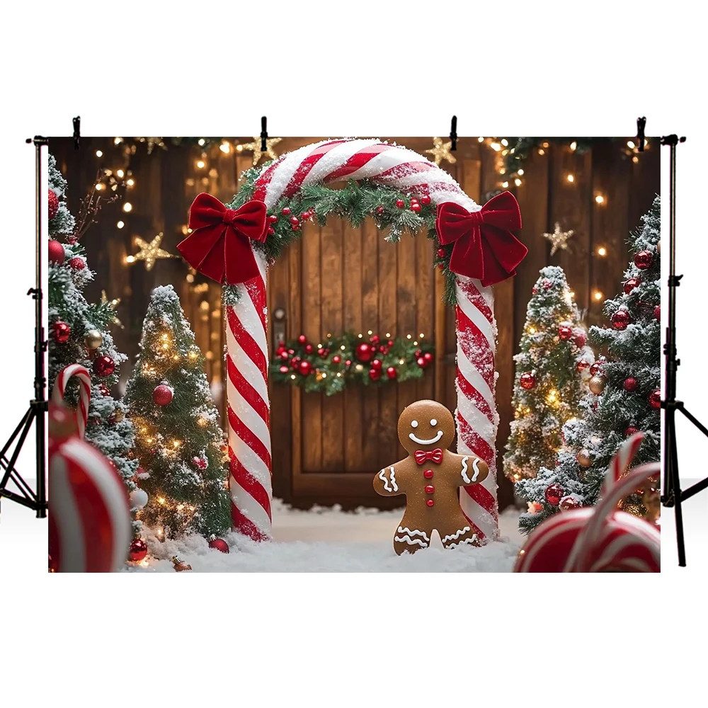 Mehofond Winter Christmas Snowy Photography Backgrounds Candy Cane Arch Door Decoration Forest Path Backdrop Photo Props