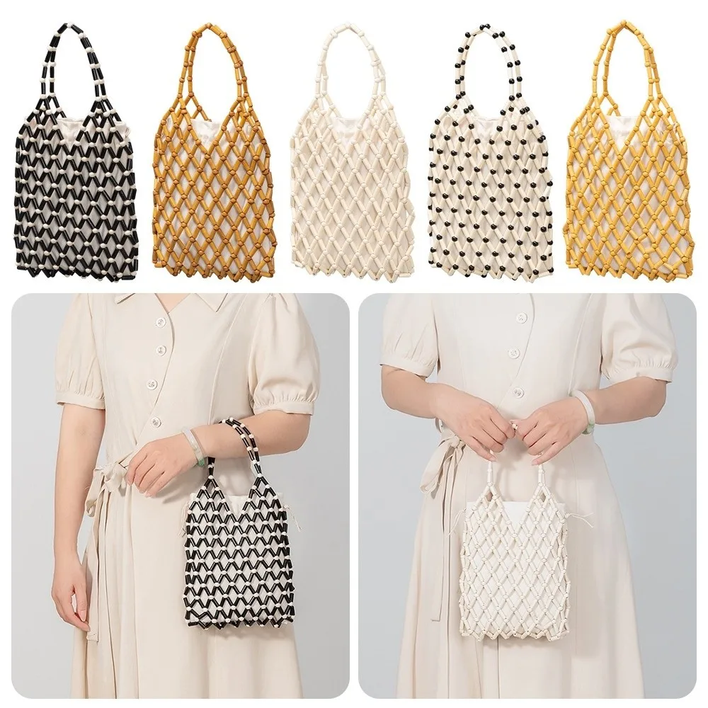 

Элегантная богемная тканая ручная сумка в женском стиле, деревянная сумка-тоут ручной работы с бусинами, изысканный дизайн, сумка-ведро для женщин