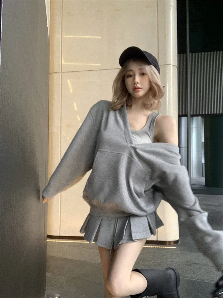 ADAgirl White V-neck Oversized Hoodie Grey Long Sleeve Sweatshirt Loose Casual Korean Fashion Autumn Winter Clothes Women Chic