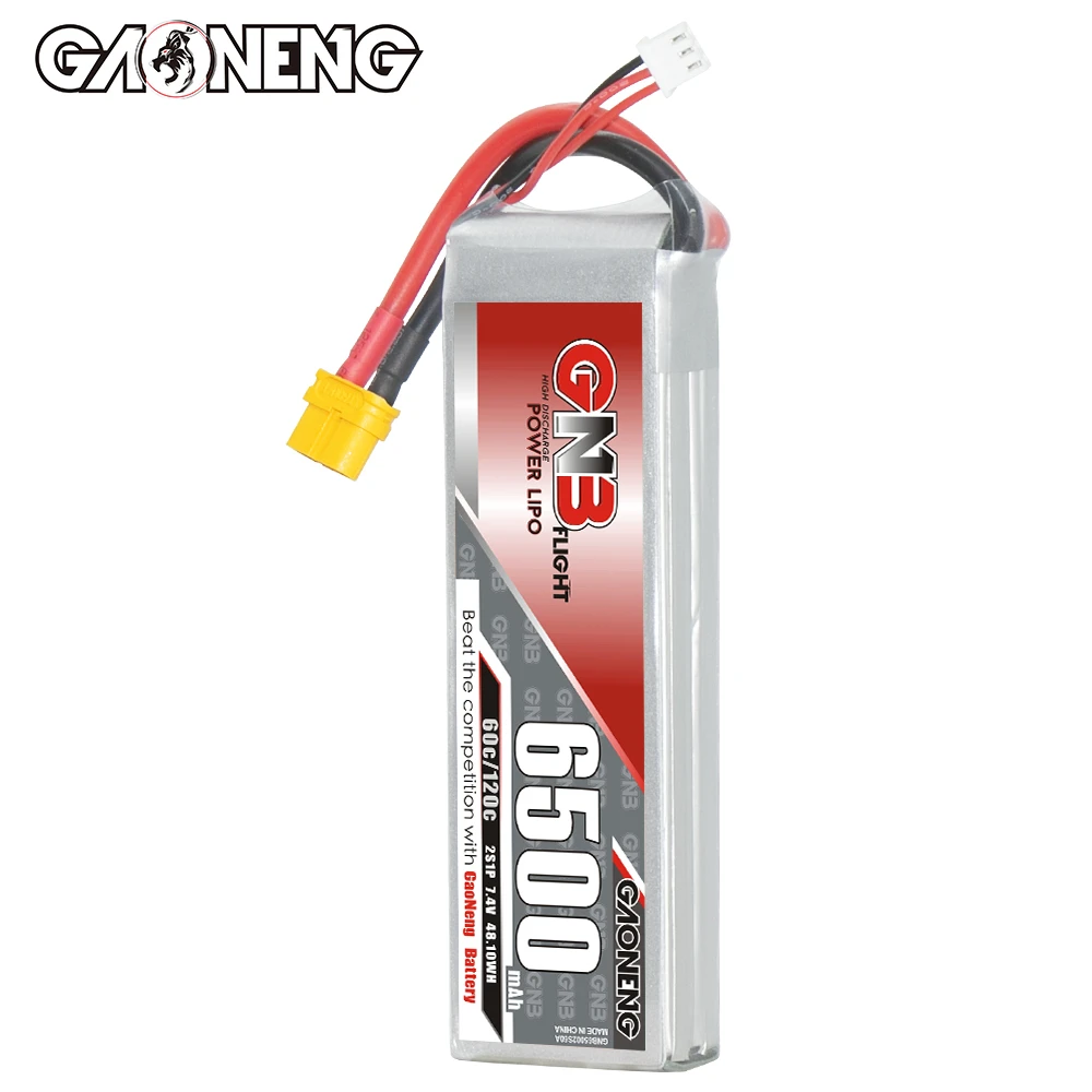 GAONENG GNB 2S 7.4V 6500mAhC 60C lithium battery with XT60 plug, suitable for FPV drones and quadcopters.
