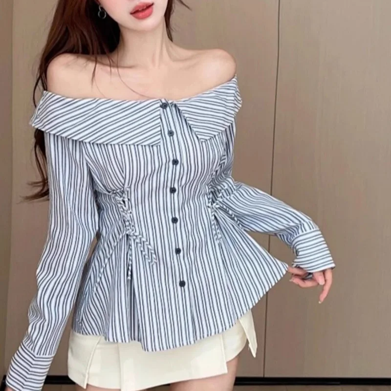 

Fashionable Striped Blouse Femme Spring Autumn Slash Neck Slim Shirts Fashion Lacing Long Sleeve Women's Shirt Sweet Thin Tops