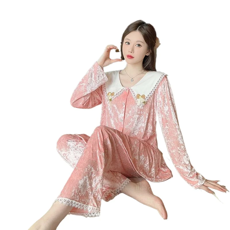 

New Fall Winter Popular Golden Velvet Pajamas Women Long-sleeved Trousers French Sweet Lace Loungewear Suit Can Be Worn Outside
