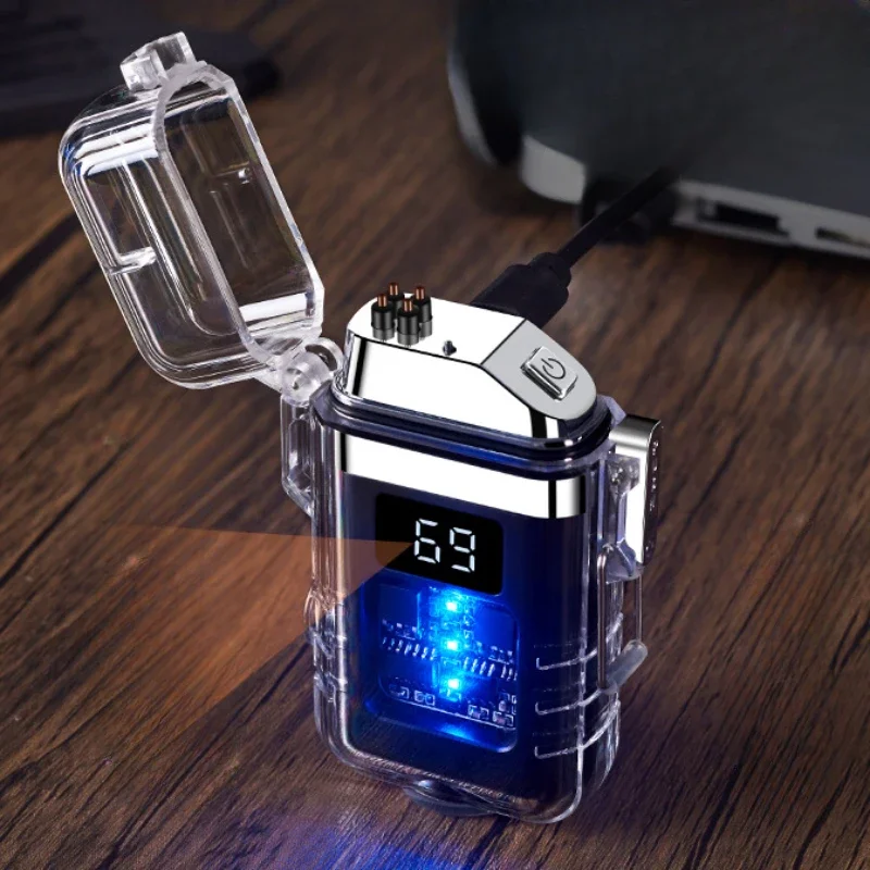 Electric Transparent Windproof Waterproof Double Arc Lighter, USB Rechargeable, Digital Display Power, Men\'s Gifts, Outdoor