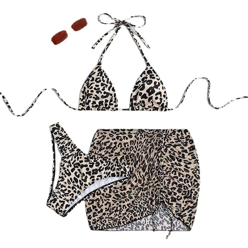 

2025 Leopard Print Bikini Set Women's High Waist 3-Piece Swimsuit with Triangle Top & Cheeky Bottom Matching Sets Sexy Beachwear