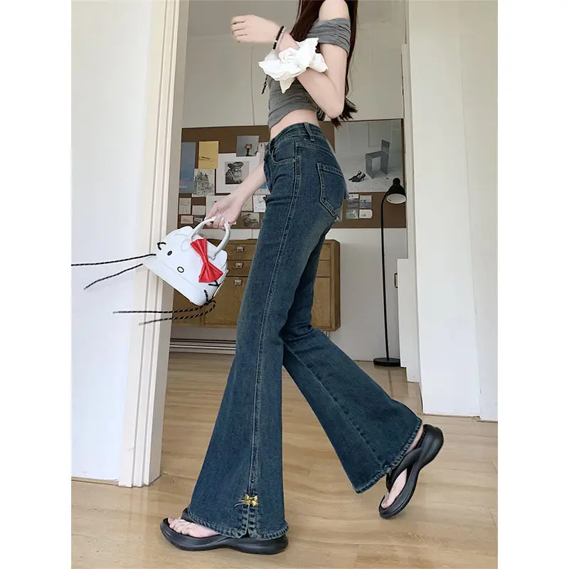 

Женские джинсы с высокой талией, расклешенные, облегающие, из эластичного хлопкового денима, модель Bootcut, ранневесенний дизайн, ретро, эластичные, для женщин