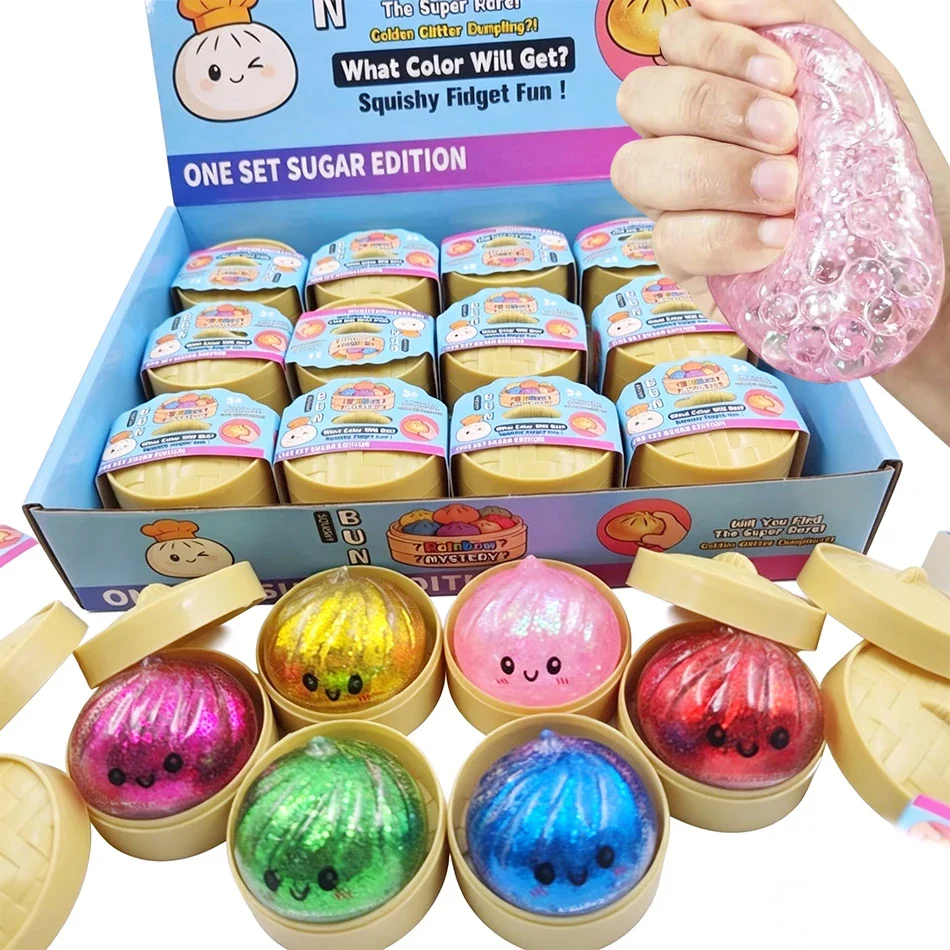 Glitzer-Dumpling-Squishy mit Box: Sensorischer Dampfgarer aus weichem TPR-Teig für Dekompression, Fidget-Spielzeug, Stressabbau-Geschenk