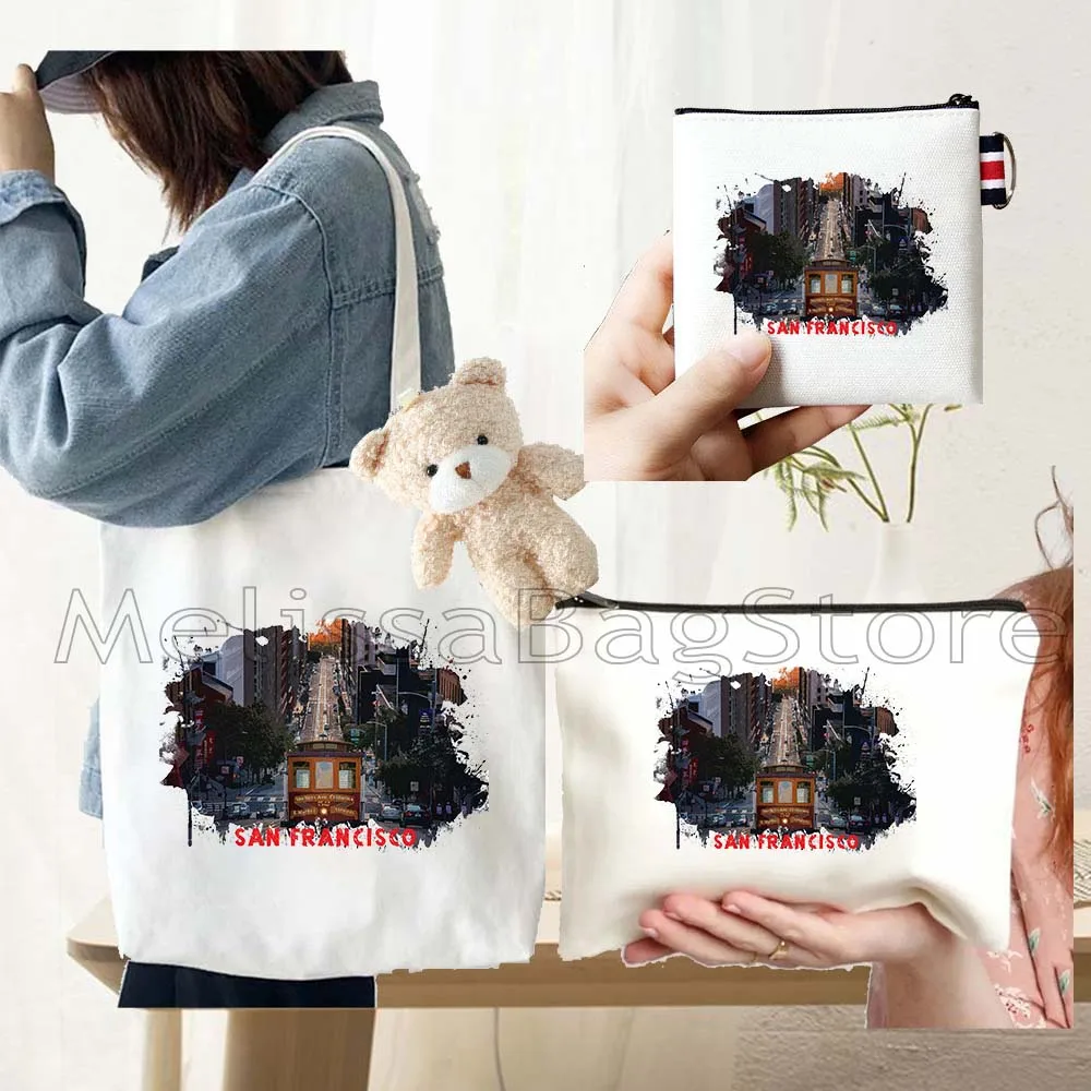 4PCS Gifts Set San Francisco White Canvas Tote Bag Handbag with Doll Key Coin Purse Cosmetic Makeup Toilet Bag Case Pouch