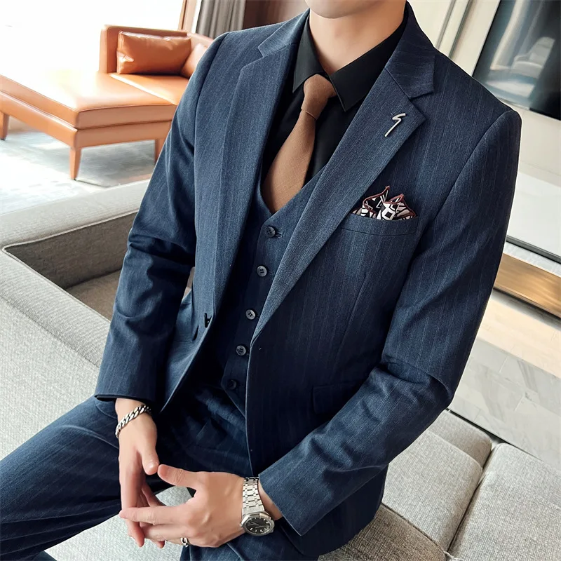 CY386  Blue Striped Suit Men's Three-piece Korean Version Slim-fit Wedding Best Blazer Business Formal Coat