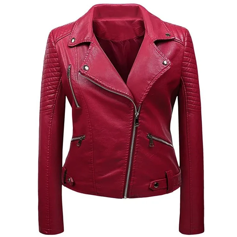 เสื้อแจ็คเก็ตคอปกสั้นสำหรับผู้หญิง หนัง PU สไตล์ไบค์เกอร์ ฤดูใบไม้ผลิ ฤดูใบไม้ร่วง รุ่นเกาหลี ทรงเข้ารูป สไตล์ฮาราจูกุ แฟชั่นนักเรียน เสื้อคลุม