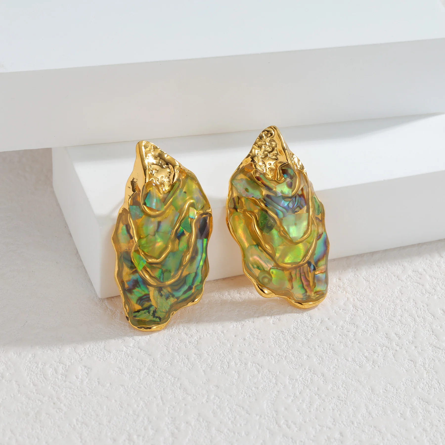 Irregular Geometric Yellow Green Abalone Shell Earrings For Women French Vintage Gold Plated Stainless Steel Jewelry Gifts