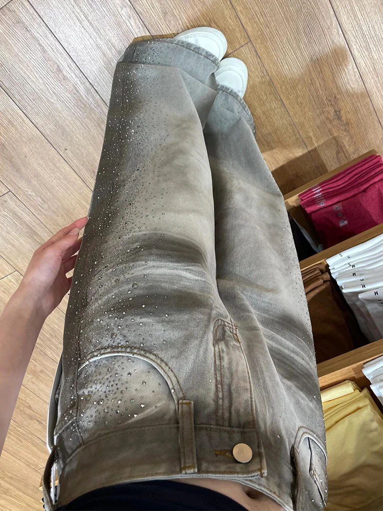 American High Street Style Faded Denim Jeans Women's Autumn Side Rhinestone Floor-Length Pants Vintage Trendy Casual Wear
