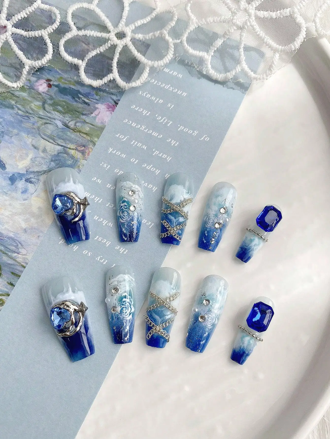 10 Pieces of Handmade Wearable Nail Art, Trapezoidal Full-Cover Nail Tips, Long-Length Nails, Blue Ocean Oil Painting Style, Suitable for Women and Girls, Perfect for Seaside Vacations, Summer Photoshoots, and as a Gift, Comes with 1 Piece of Jelly Glue and 1 Nail File