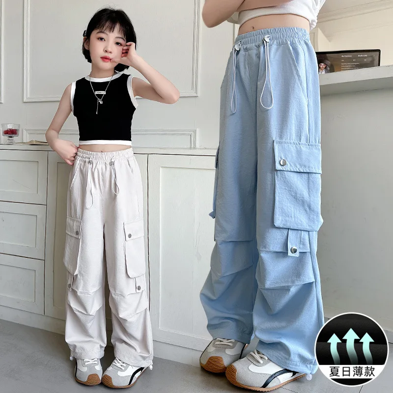 

Girls Workwear Pants Summer New 2025 Big Children Fashion 3 Colors Ice Silk Loose Straight Leg Trousers For 5-14Years Kids