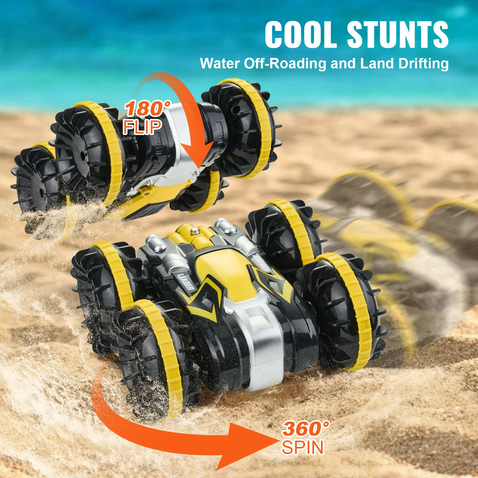 Amphibious Remote Control Car Boat, 2.4GHz 12 km/h, 4WD Waterproof RC Car for Kids, 360 °   Rotating Stunt Car with 2 Batteries, All Terrain Water Beach Pool Toy for 6+ Year Old Boys Girls, Yellow
