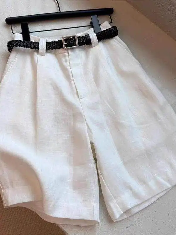 

White Linen Shorts Women's Summer New Style Korean Version Large Size Slimming Loose Casual Versatile Wide Leg Five-Quarter P...