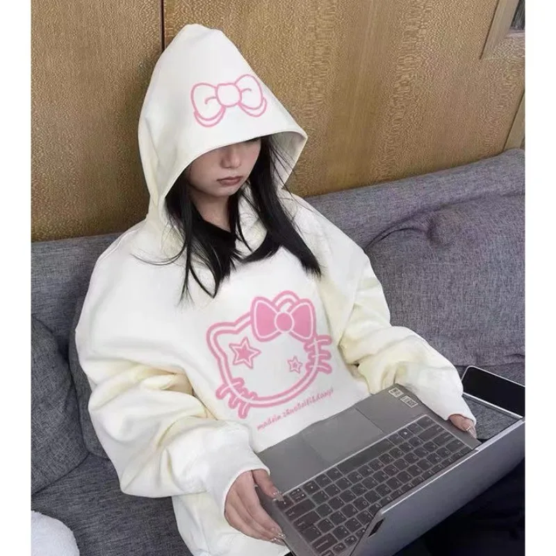 Spring Autumn New Cartoon Japanese Hello Kitty Printed Hoodies Women White Loose Kawaii Clothes Student K Pop Clothes Sweatshirt