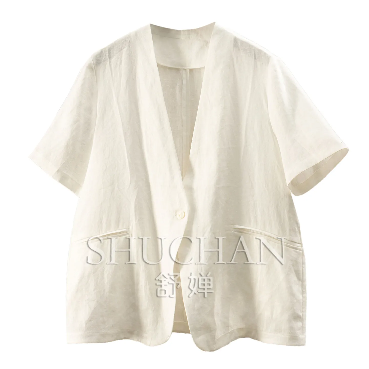 Summer Blazer Thin French Old Money Slack Feeling 100% Linen Five-quarter Sleeve Blazer Women 43W0